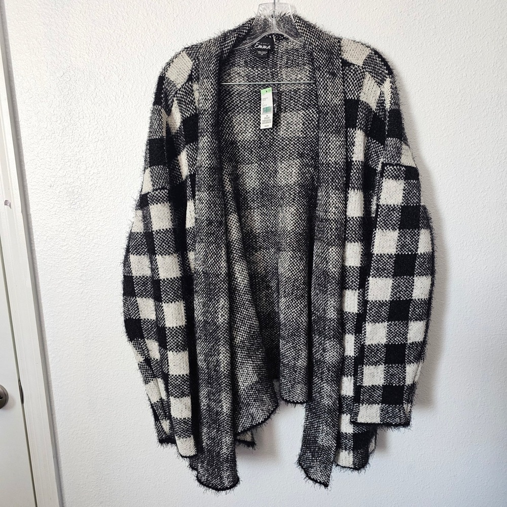 Simply Emma Womens 3X Buffalo Check Cardigan Sweater Black Onyx Eyelash Knit NWT